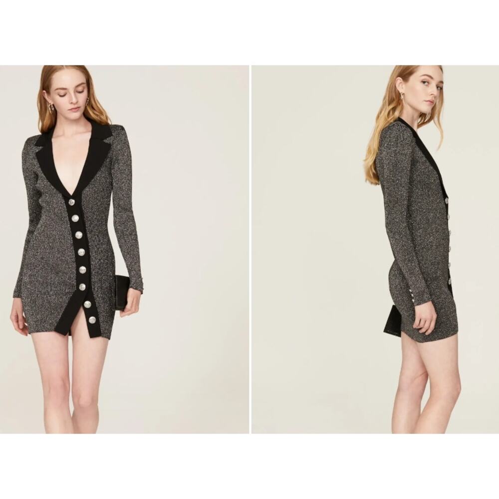 retrofete Mimi Rib Knit mini long sleeve metallic black silver blazer Dress M